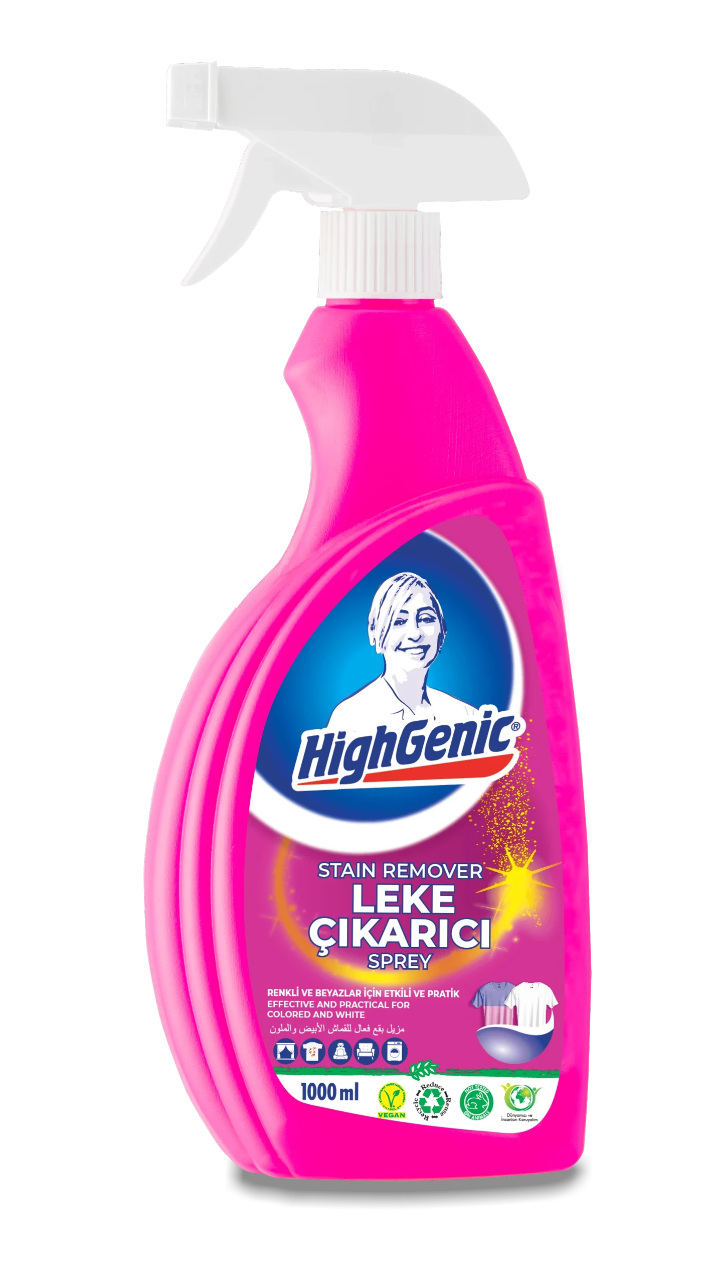 Photo produit — STAIN REMOVER - LIQUID SPRAY STAIN REMOVER - FOR COLOURED AND WHITE FABRICS — 750 mL — HIGHGENIC Nettoyants surfaces spray en gros — Aïntab Gross